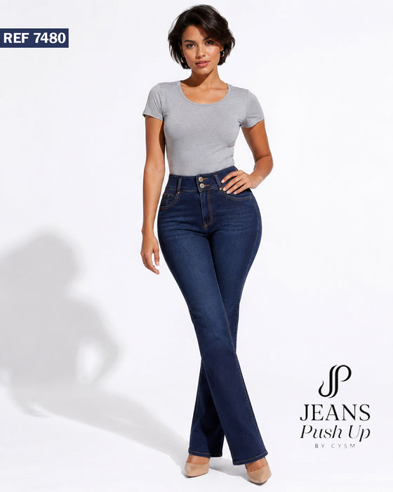 Dark Blue Flare Leg Push Up Jeans Ref 7480 — High-Rise 2-Button Waistband & Natural Butt Lift