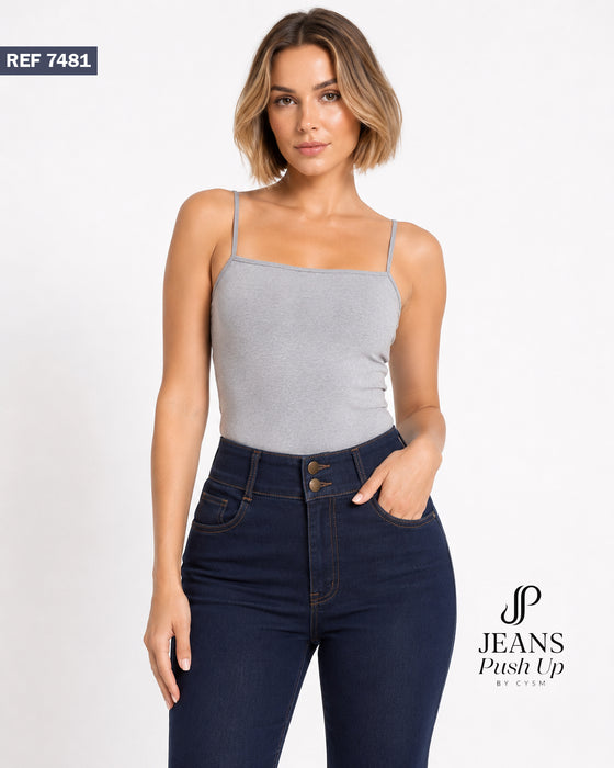 Dark Blue Flare Leg Push Up Jeans Ref 7481 — High-Rise 2-Button Waistband & Natural Butt Lift