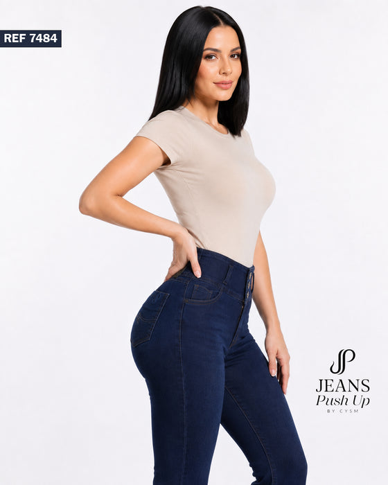 Dark Blue Flare Leg Push Up Jeans Ref 7484 — High-Rise 3-Button Waistband, Natural Butt Lift