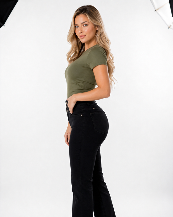 Black Straight Leg Push Up Jeans Style 8030 — High-Rise 3-Button Waistband & Butt Lift Effect