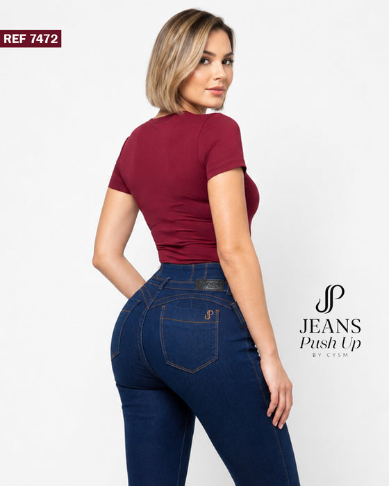 Dark Blue Flare Leg Push Up Jeans Ref 7472 — High-Rise 3-Button Waistband, Butt Lift Effect