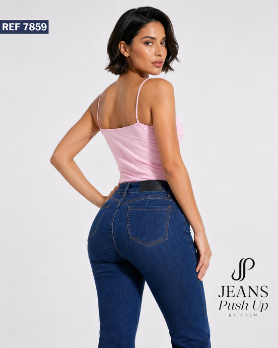 Blue Flare Leg Push Up Jeans Ref 7859 — Front Seams, High-Rise 1-Button Waistband & Natural Butt Lift