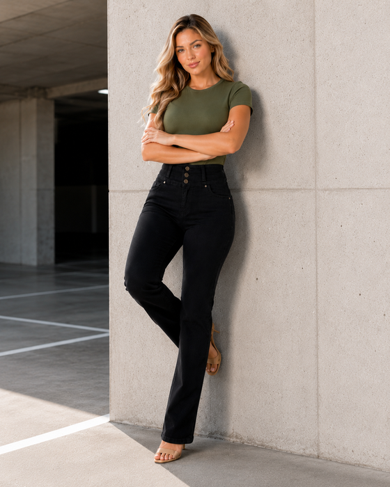 Black Straight Leg Push Up Jeans Style 8030 — High-Rise 3-Button Waistband & Butt Lift Effect
