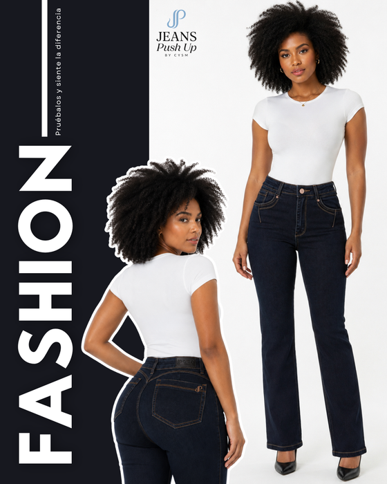Dark Blue Flare Leg Push Up Jeans Ref 7839 — High-Rise 1-Button Waistband & Natural Butt Lift
