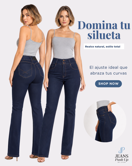 Dark Blue Flare Leg Push Up Jeans Ref 7481 — High-Rise 2-Button Waistband & Natural Butt Lift
