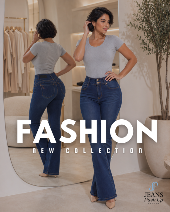 Dark Blue Flare Leg Push Up Jeans Ref 7480 — High-Rise 2-Button Waistband & Natural Butt Lift