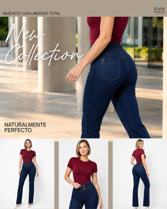 Dark Blue Flare Leg Push Up Jeans Ref 7472 — High-Rise 3-Button Waistband, Butt Lift Effect