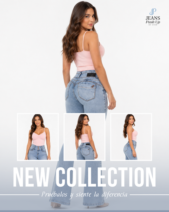 Light Blue Flare Leg Push Up Jeans Ref 7470 — High-Rise 3-Button Waistband, Butt Lift Effect