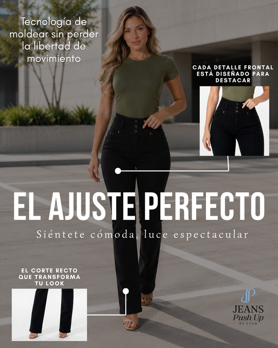 Black Straight Leg Push Up Jeans Style 8030 — High-Rise 3-Button Waistband & Butt Lift Effect