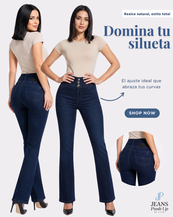 Dark Blue Flare Leg Push Up Jeans Ref 7484 — High-Rise 3-Button Waistband, Natural Butt Lift