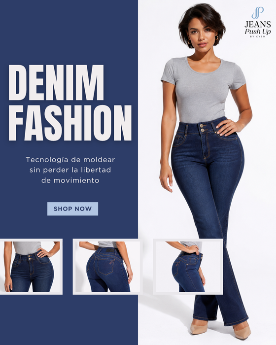Dark Blue Flare Leg Push Up Jeans Ref 7480 — High-Rise 2-Button Waistband & Natural Butt Lift