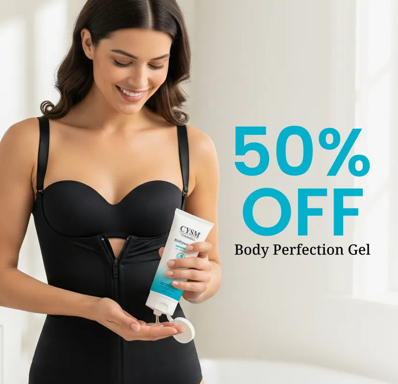 Woman wearing CYSM premium shapewear applying Body Perfection Gel
